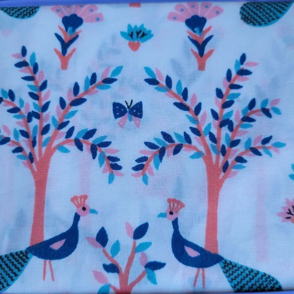 NEW Peacock boho print blue pink green peacocks trees FABRIC SHOWER CURTAIN NWT
